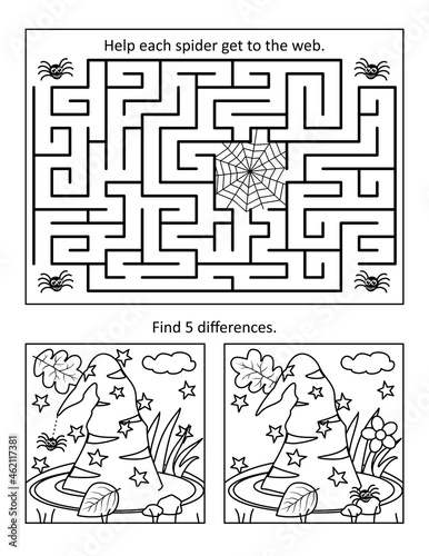 Halloween puzzle page with 2 visual puzzles or picture riddles. Maze, or labyrinth, find differences. Spiders, web, witch's hat. Black and white. Letter sized.
