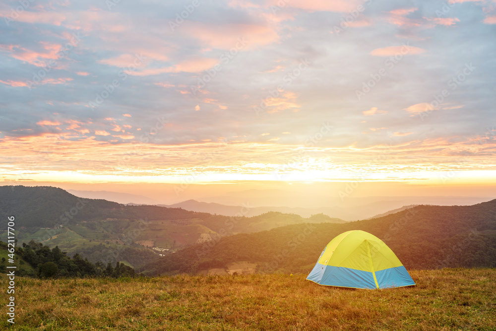Beautiful landscape at sunset and camping on the mountain, Adventure travel lifestyle concept