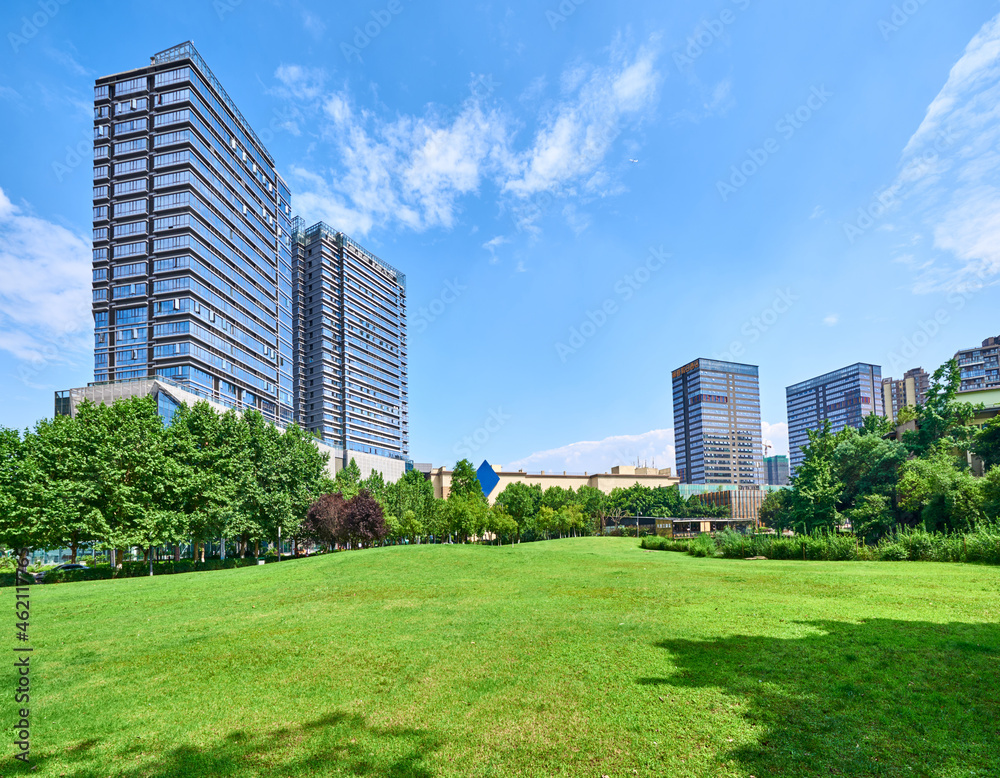 Green park developed in front of tall buildings Green park developed in front of tall buildings