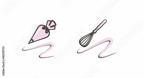 Vector illustration with pastry tools. Pastry bag and whisk. Design element for pastry chef, chocolatier, baker. photo