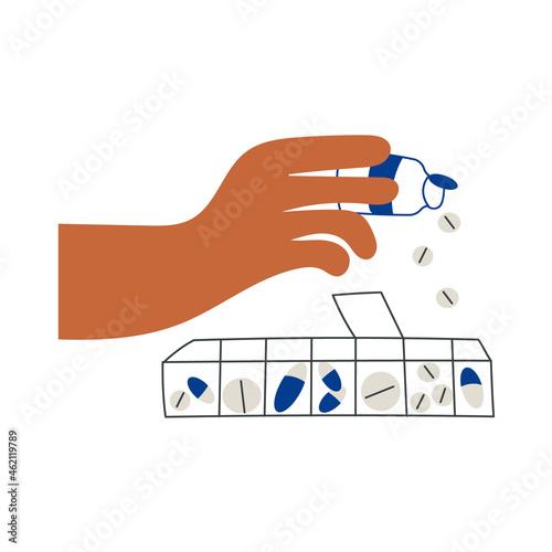 Pillbox with tablets and capsules Medicine organizer Daily medical container and female hand holding pills or tablet drugs. Hand holding medicine. Capsules in plastic container. Vector illustration