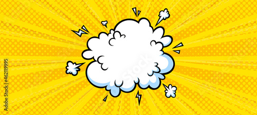 Surprising boom cloud in halftone background for sales and promotions. Yellow banner template for surprises and bursting events. Vector illustration in pop art style