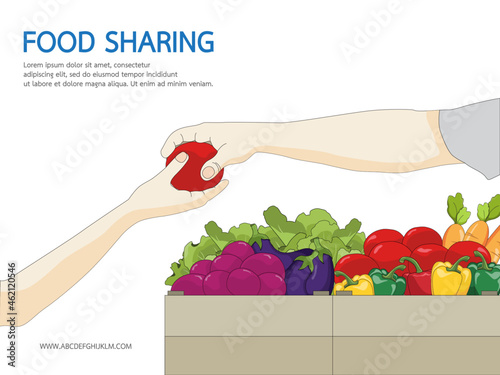 Food sharing charity concept. People donate food giving homeless and immigrant people with humanitarian aid. Idea of waste reduction and help giving out food directly to the hungry.