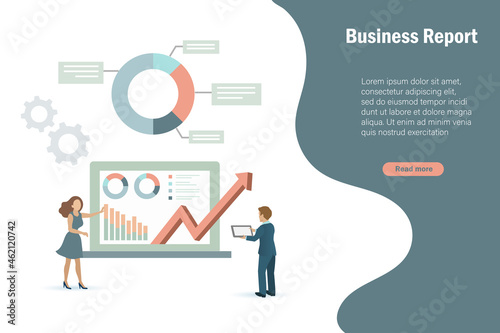 Business man and woman discussing and analysing growth graph and business reports on computer screen. Business analysis and time management concept.