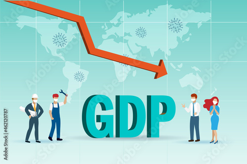 GDP growth graph downfall with diversity career people, world map and covid-19 coronavirus background. Global world economic crisis, unemployment due to virus pandemic.