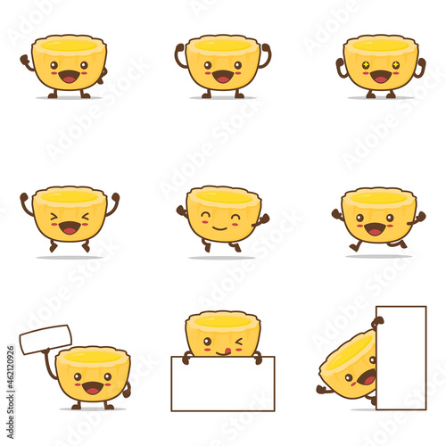 cute cartoon egg tart, food vector illustration. with happy facial expressions and different poses