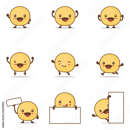 dessert sesame ball cartoon, asian food vector illustration. with happy facial expressions and different poses