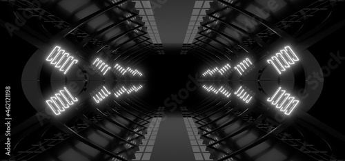 Fototapeta Naklejka Na Ścianę i Meble -  A dark tunnel lit by white neon lights. Reflections on the floor and walls. 3d rendering image.