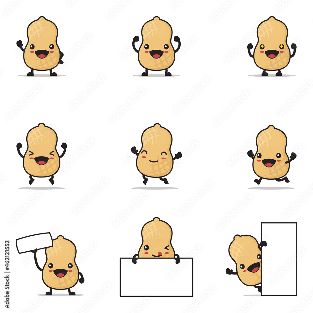 peanut cartoon, with happy facial expressions and different poses Stock