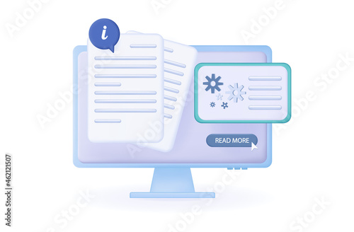3d user guidel. Electronic manual or instruction. The procedure for studying the directory online. Document booklet with guide information icon on laptop screen. Approved advice, rule for use. Vector 