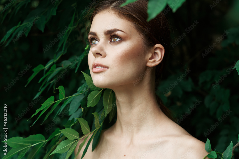 beautiful woman Cosmetology nature green leaves glamor model beautiful woman Cosmetology nature green leaves glamor model