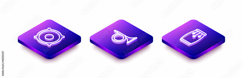 Set Isometric line Stereo speaker, Trumpet and Conga drums icon. Vector Set Isometric line Stereo speaker, Trumpet and Conga drums icon. Vector