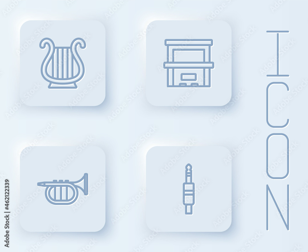 Set line Ancient Greek lyre, Piano, Trumpet and Audio jack. White square button. Vector