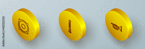 Set Isometric line Stereo speaker, Flute and Trumpet icon. Vector