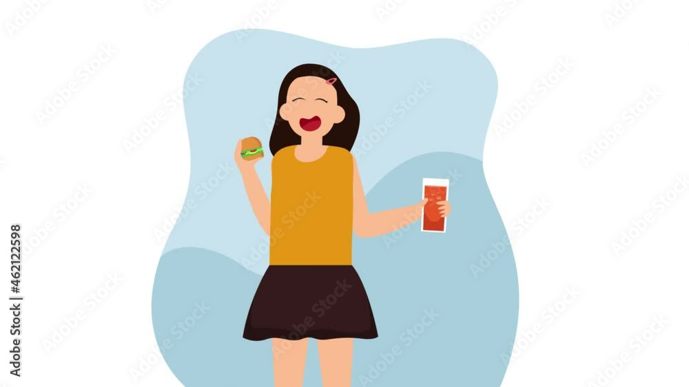 Happy woman eating burger and drinking soda Happy woman eating burger and drinking soda