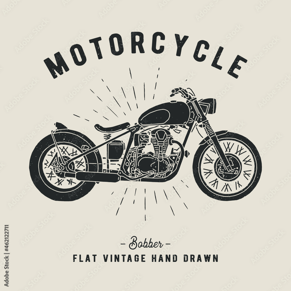 Vintage motorcycle vector hand drawn illustration. Bobber style. - obrazy, fototapety, plakaty 