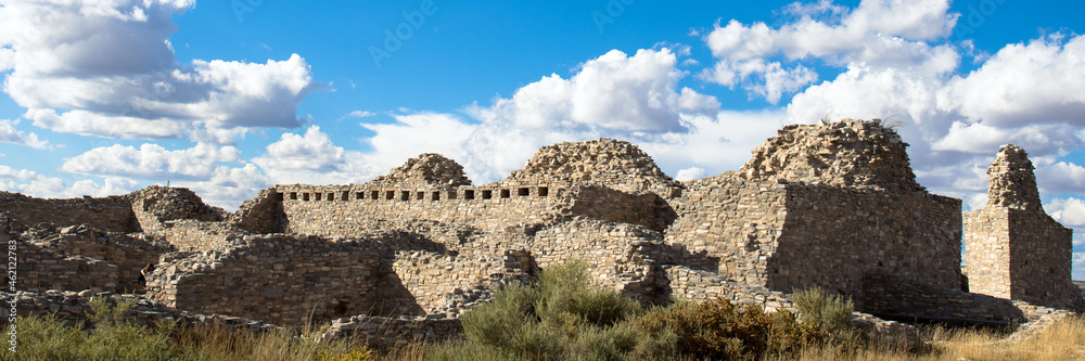 Wide panorama of Gran Quivira Mission at Salinas Pueblo Missions National Monument in New Mexico