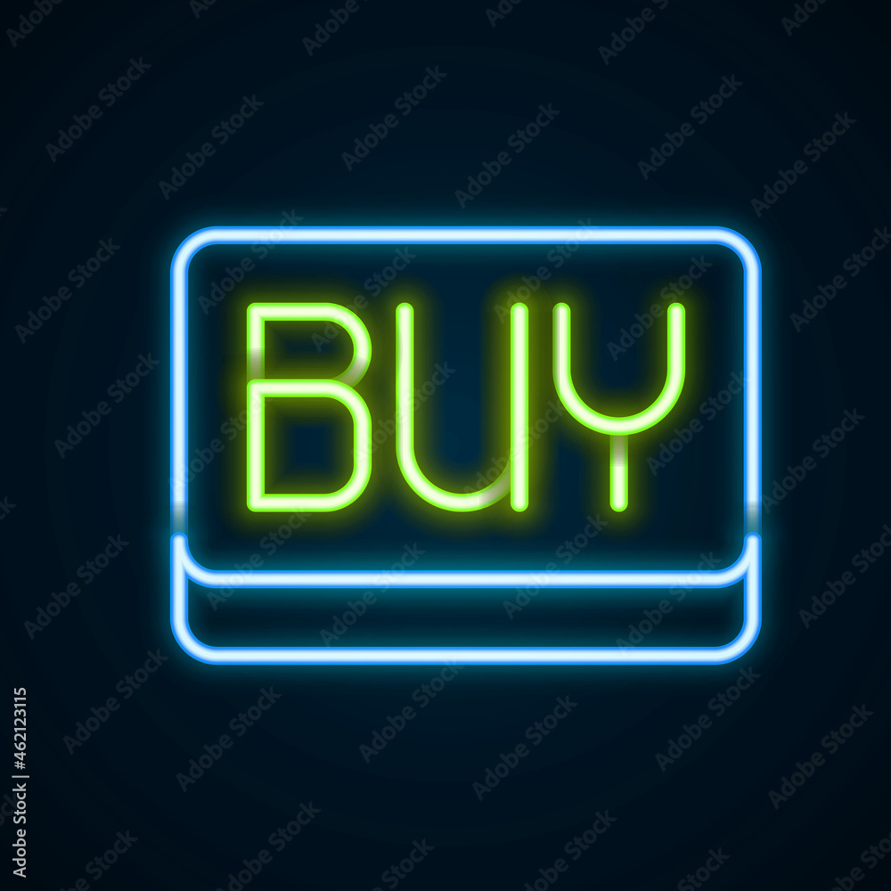 Glowing neon line Buy button icon isolated on black background. Financial and stock investment market concept. Colorful outline concept. Vector Glowing neon line Buy button icon isolated on black background. Financial and stock investment market concept. Colorful outline concept. Vector