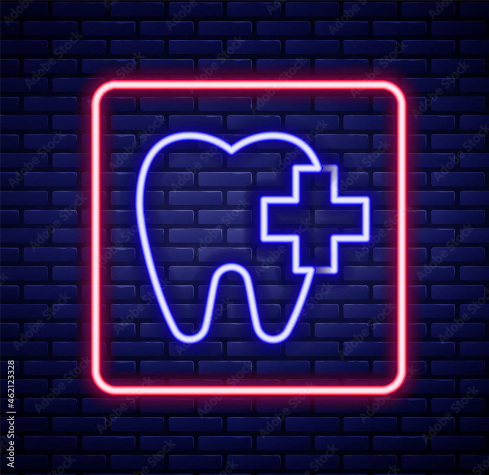 Glowing neon line Dental clinic location icon isolated on brick wall background. Colorful outline concept. Vector Glowing neon line Dental clinic location icon isolated on brick wall background. Colorful outline concept. Vector