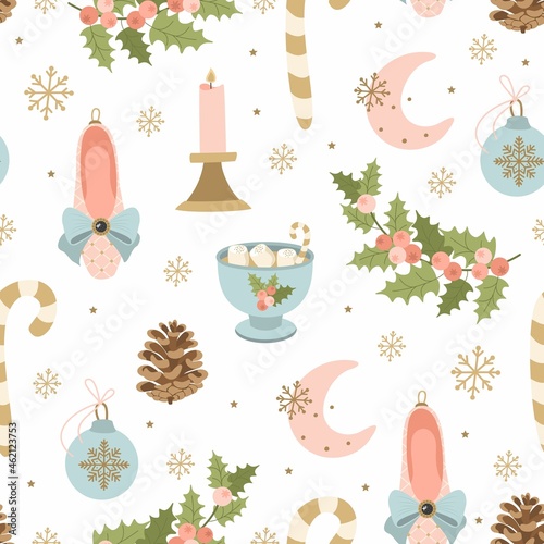 Christmas and New year festive seamless pattern for wrapping paper or fabric with different elemets. Fashionable vintage style.