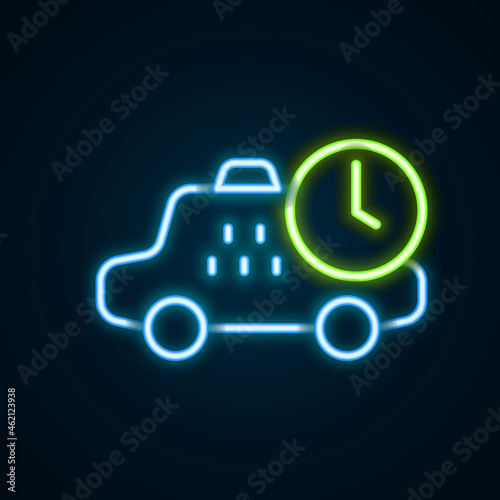Glowing neon line Taxi waiting time icon isolated on black background. Car deadline, schedule ride. Colorful outline concept. Vector