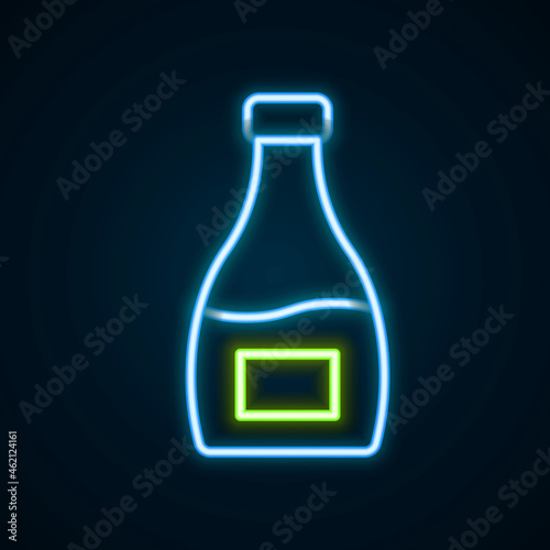 Glowing neon line Sauce bottle icon isolated on black background. Ketchup, mustard and mayonnaise bottles with sauce for fast food. Colorful outline concept. Vector