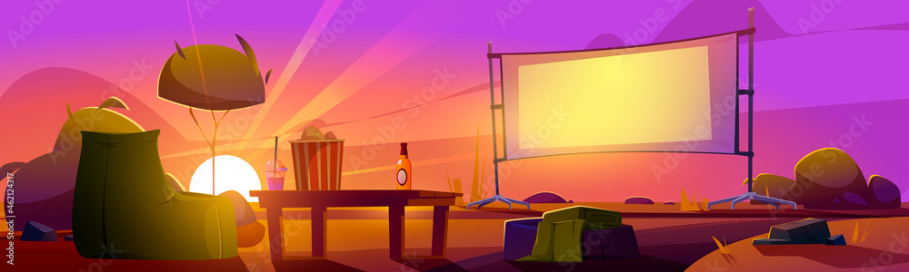 Outdoor cinema at sunset summer landscape, open air movie theater with beanbag chair, beer, pop corn bucket on low table front of large outdoors screen on dusk background Cartoon vector illustration - obrazy, fototapety, plakaty 