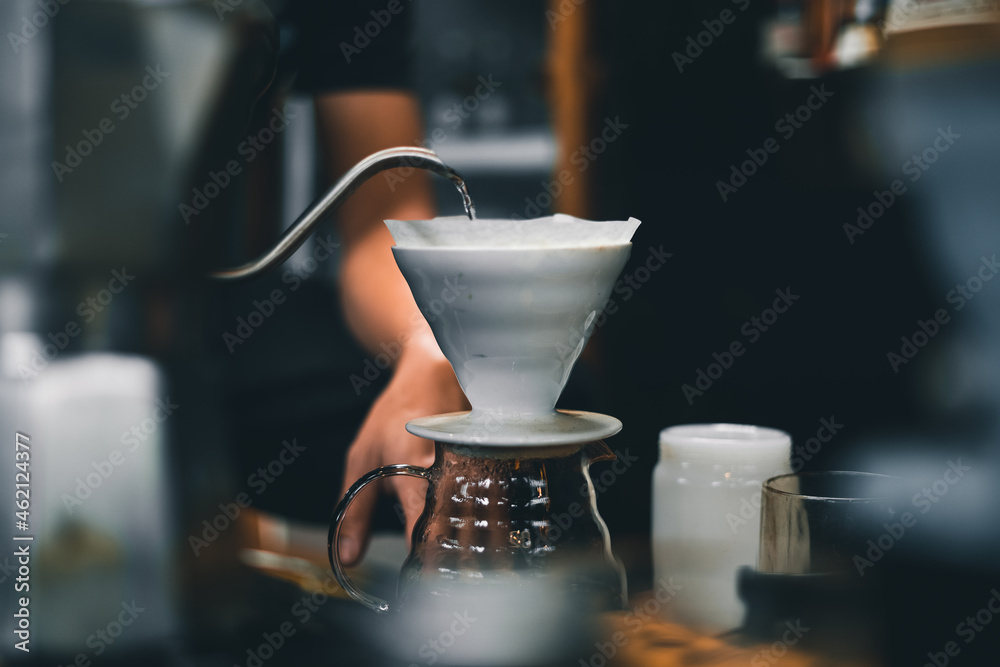 Drip coffee on a table in a coffee shop - obrazy, fototapety, plakaty 