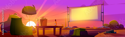 Outdoor cinema at sunset summer landscape, open air movie theater with beanbag chair, beer, pop corn bucket on low table front of large outdoors screen on dusk background Cartoon vector illustration