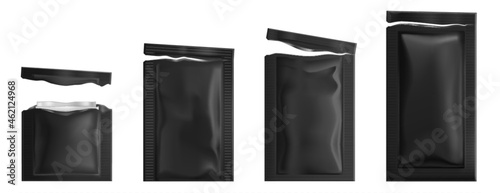 Black sachets with wet wipes. Vector realistic mockup of 3d torn foil packages with facial napkins. Set of blank pouches, plastic packets different size isolated on white background