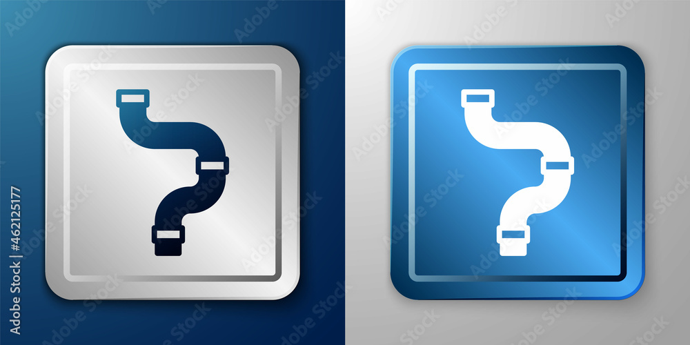 White Industry metallic pipe icon isolated on blue and grey background. Plumbing pipeline parts of different shapes. Silver and blue square button. Vector White Industry metallic pipe icon isolated on blue and grey background. Plumbing pipeline parts of different shapes. Silver and blue square button. Vector