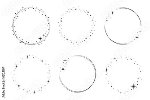 Sparkle star circle frame set. Wreath ring stardust border for party, birthday decor design. Laurel frame with, cosmic glitter shine. Isolated black flat vector illustration.
