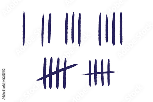 Tally mark number lines on the wall. Hand drawn sticks for counting time in prison. Vector illustration design set.