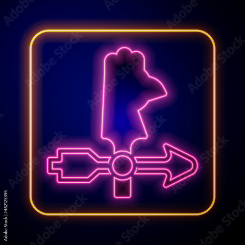 Glowing neon Rooster weather vane icon isolated on black background. Weathercock sign. Windvane rooster. Vector photo