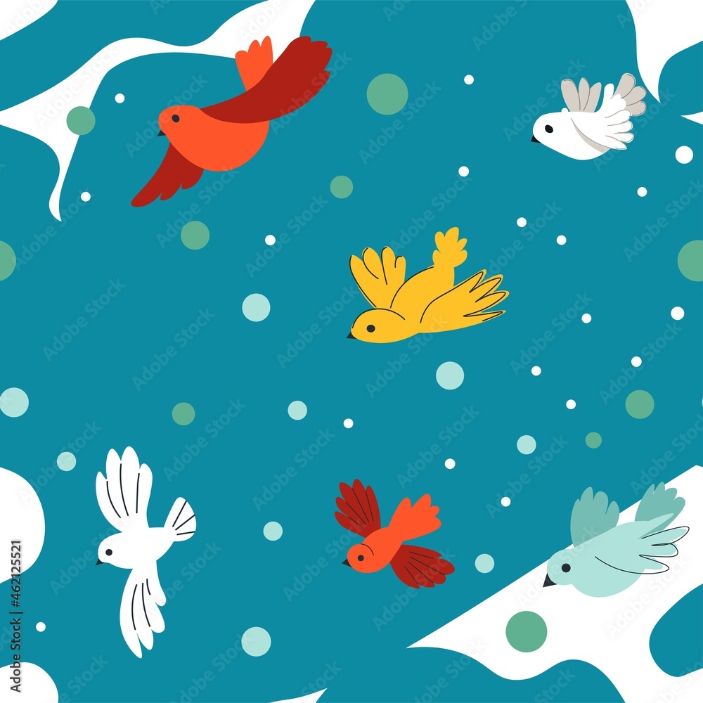Flying birds in winter season, snowing weather Flying birds in winter season, snowing weather