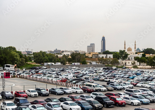 Fototapeta Naklejka Na Ścianę i Meble -  Dubai, UAE - 10.04.2021 Outdoor parking area at Dubai World trade center. City