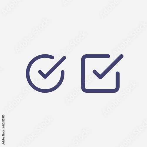 Check list button icon. Check mark in square and round box. Correct symbol. Stock Vector illustration isolated on white background.
