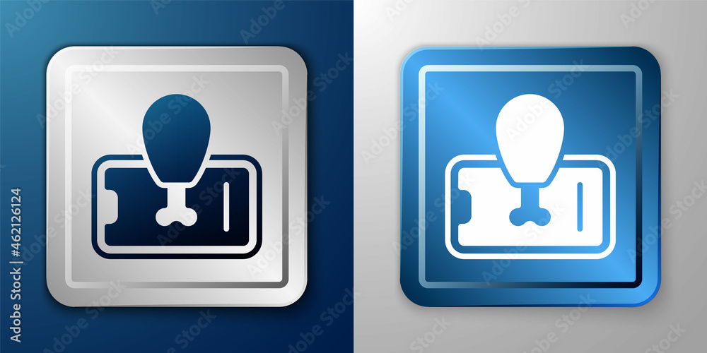 White Food ordering on mobile icon isolated on blue and grey background. Order by mobile phone. Restaurant food delivery concept. Silver and blue square button. Vector White Food ordering on mobile icon isolated on blue and grey background. Order by mobile phone. Restaurant food delivery concept. Silver and blue square button. Vector