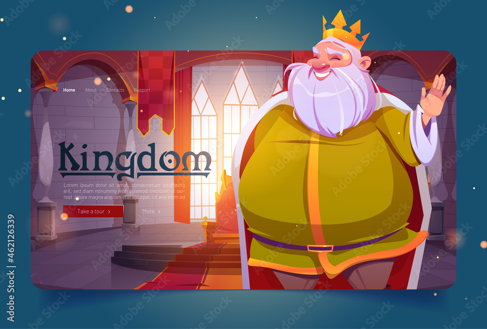 Kingdom cartoon landing page, king in palace, medieval royal family character, smiling fat monarchy person in gold crown and luxury dressing in throne room, fairytale game personage, Vector web banner - obrazy, fototapety, plakaty 