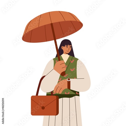 Woman under open umbrella, protecting her from fall rain. Businesswoman holding umbrela in autumn rainy weather. Person with parasol in hand. Flat vector illustration isolated on white background