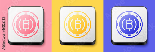 Isometric Cryptocurrency coin Bitcoin icon isolated on pink, yellow and blue background. Physical bit coin. Blockchain based secure crypto currency. Square button. Vector