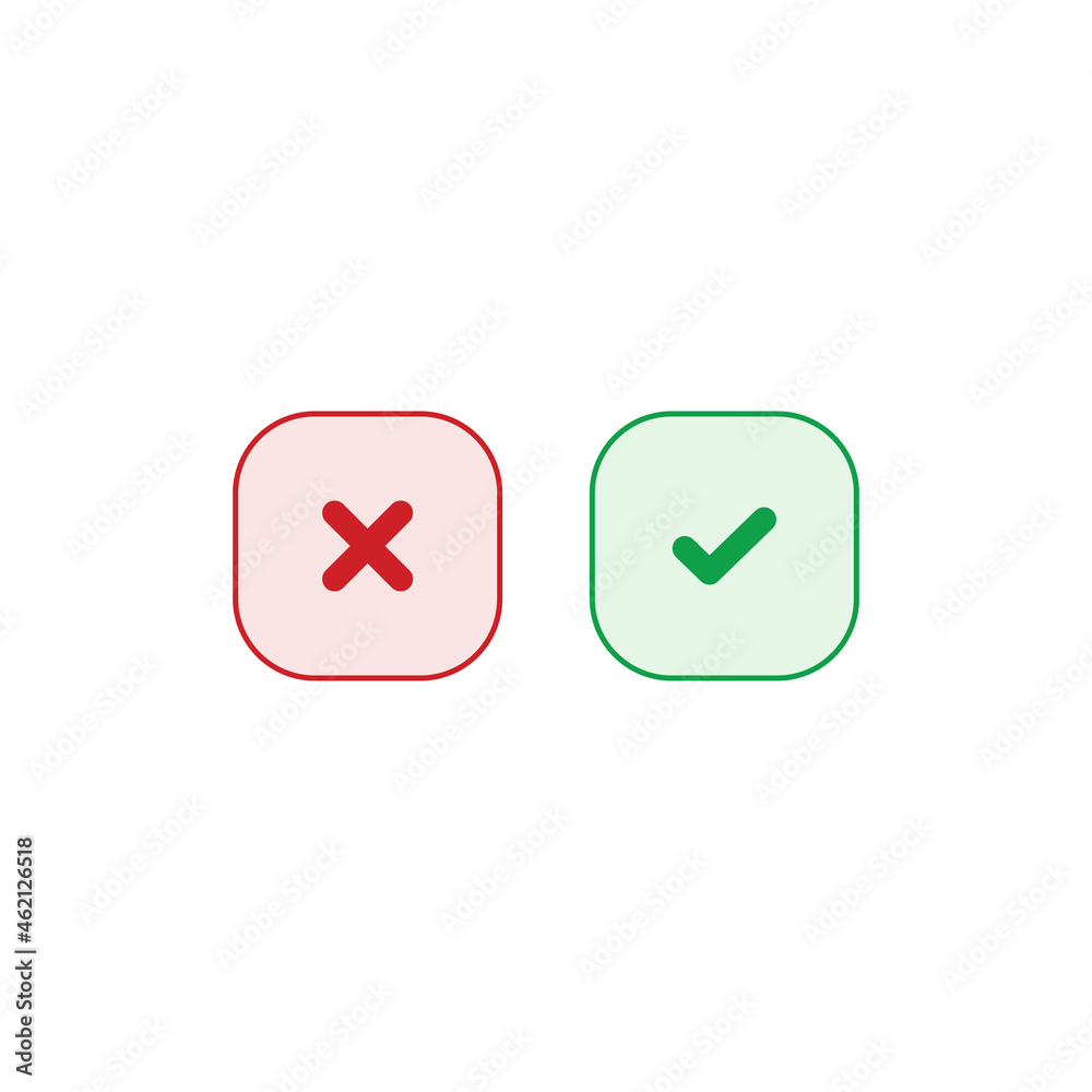 Tick and cross buttons. Green checkmark OK and red X icons vector. Square symbols YES and NO button for vote, decision, web, logo, app, UI. illustration. Tick and cross buttons. Green checkmark OK and red X icons vector. Square symbols YES and NO button for vote, decision, web, logo, app, UI. illustration.