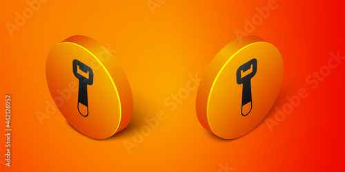 Isometric Bottle opener icon isolated on orange background. Orange circle button. Vector