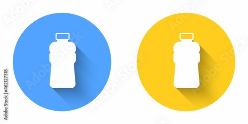 White Bottle of water icon isolated with long shadow background. Soda aqua drink sign. Circle button. Vector