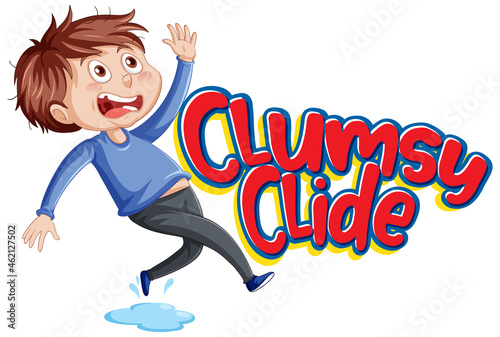 Clumsy Clide logo text design with a clumsy boy