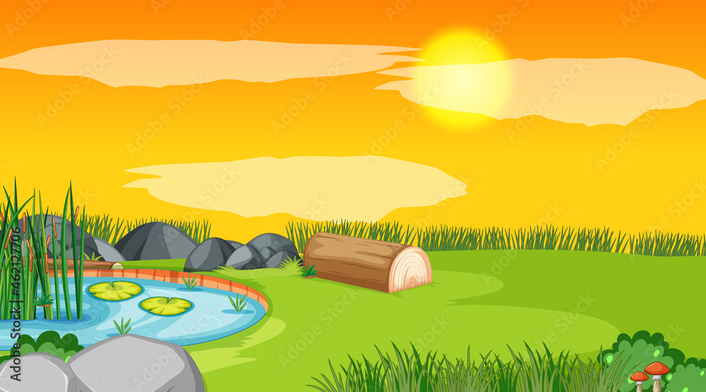 Obraz premium Landscape scene of forest with pond and the sun going down