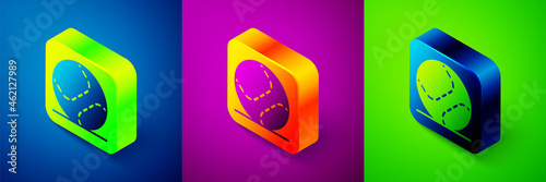 Isometric Baseball ball icon isolated on blue, purple and green background. Square button. Vector
