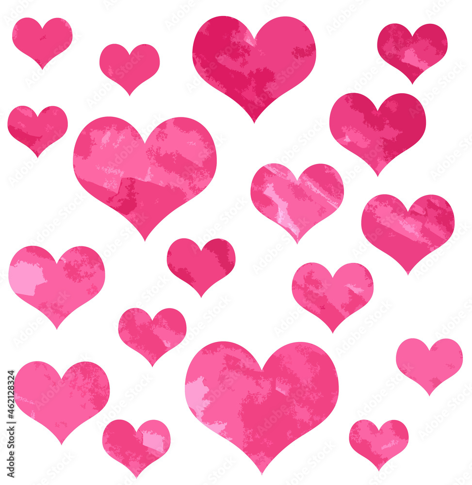 White background with pink hearts of different sizes