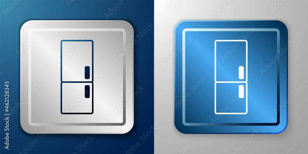 White Refrigerator icon isolated on blue and grey background. Fridge freezer refrigerator. Household tech and appliances. Silver and blue square button. Vector White Refrigerator icon isolated on blue and grey background. Fridge freezer refrigerator. Household tech and appliances. Silver and blue square button. Vector