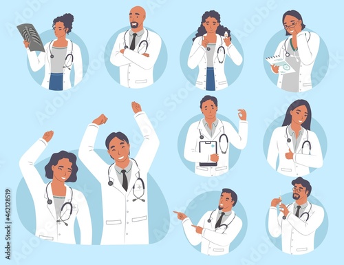 Doctor, medical professionals male and female character set. People showing different hand gestures, vector illustration